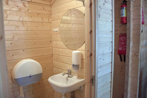 a bathroom with a sink and a mirror at Poroholman Lomakeskus in Rauma