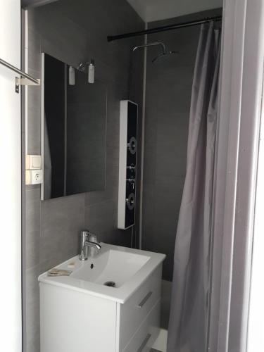 a bathroom with a white sink and a shower at Hôtel l'Etoile in Le Grau-du-Roi