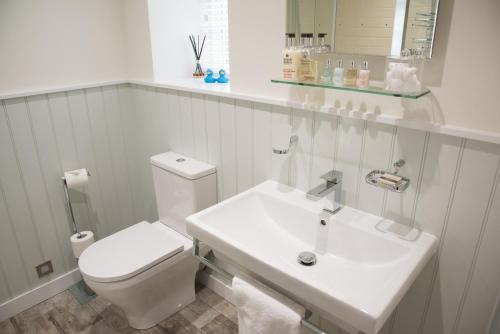 a white bathroom with a toilet and a sink at The Turtley Corn Mill in South Brent