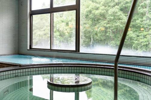 a swimming pool in a building with a large window at Hotel Tagawa in Yamanouchi