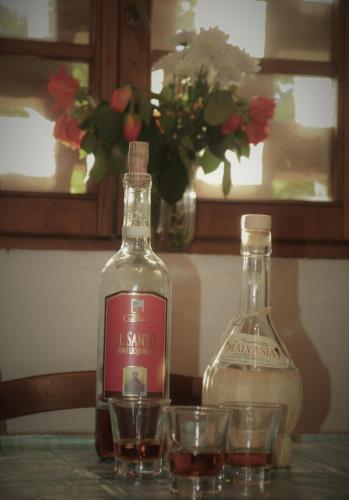 a bottle of alcohol and two glasses on a table at Ala di Maniero in Agriturismo Valdrago in Toscana, nel Verde Mugello sulle Colline di Firenze Autodromo Mugello Circuit in Borgo San Lorenzo