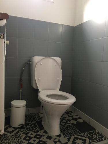 a bathroom with a toilet and a trash can at La Ferrière in Pissy-Pôville