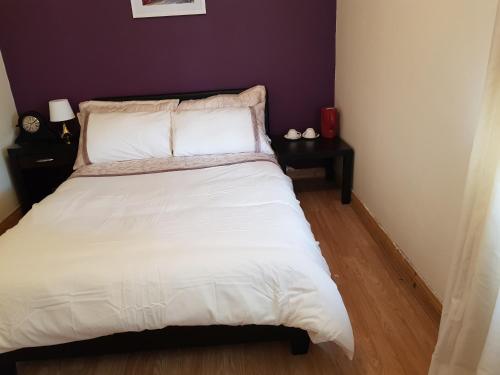 a bedroom with a white bed with a purple wall at Ashemere Lodge in Clondalkin 