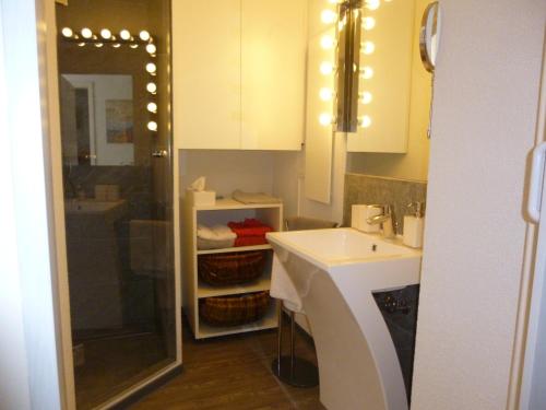 a bathroom with a sink and a shower at Stieglerhof KG in Illmitz
