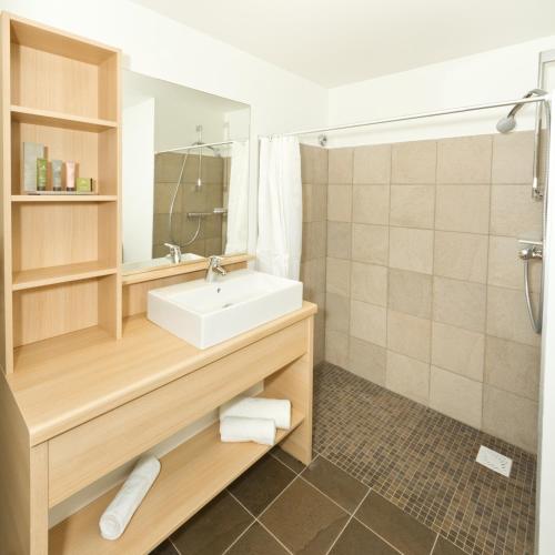 une salle de bain avec un lavabo et une douche dans l'établissement Villa Thermae Thonon-Les-Bains, à Thonon-les-Bains