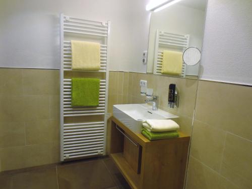 een badkamer met een wastafel en een spiegel bij Hotel Alp Inn in Ruhpolding