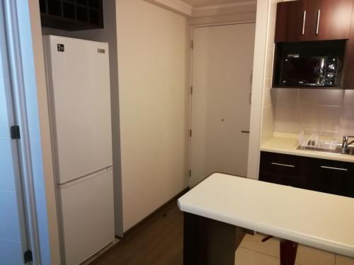 eine Küche mit einem weißen Kühlschrank und einer Theke in der Unterkunft Departamento santiago in Santiago