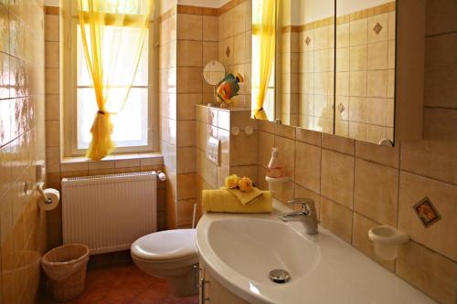 a bathroom with a sink and a toilet and a mirror at Rhön Hotel Waldcafé St. Georg in Staatsbad Brückenau