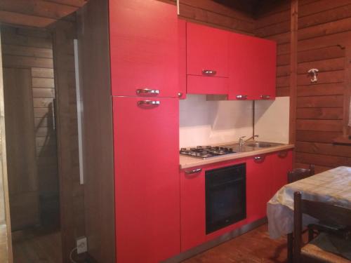 a red kitchen with red cabinets and a sink at Campeggio Italia in Marina di Massa