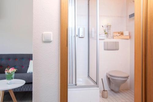 e bagno con doccia, servizi igienici e tavolo. di Landhotel Rosenschänke a Kreischa