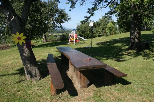 a wooden bench next to a tree with a playground at Panorama B&B in Ptuj