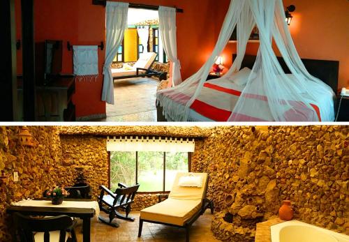 une chambre avec un lit et un mur en pierre dans l'établissement Hotel Boutique Iguaque Campestre Spa & Ecolodge, à Villa de Leyva