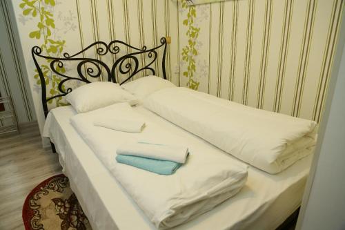 カリーニングラードにあるУютные апартаменты у Верхнего озераのベッド1台(枕2つ、タオル2枚付)