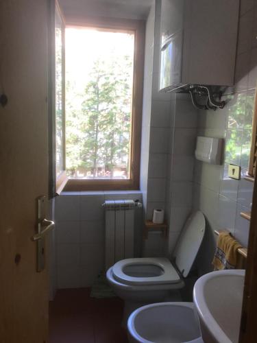 a bathroom with a toilet and a sink and a window at Villa delle tre lanterne in Roccaraso