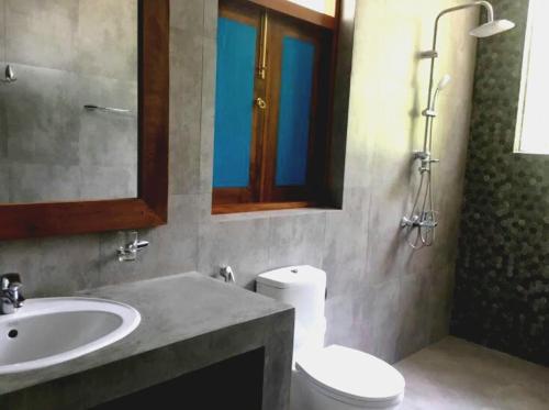 a bathroom with a sink and a toilet and a mirror at Roshara Nalla in Giriulla