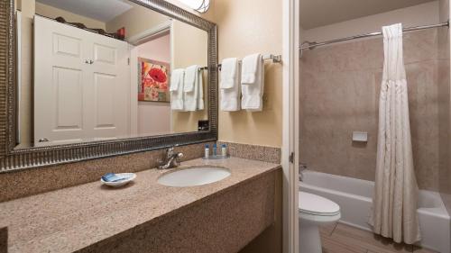 La salle de bains est pourvue d'un lavabo, de toilettes et d'un miroir. dans l'établissement Best Western Plus Pleasanton Inn, à Pleasanton