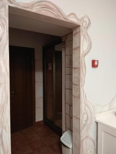 a bathroom with a toilet and a door in it at Aparthotel NA DOBU in Lviv