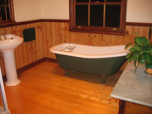 a bathroom with a green and white tub and a sink at Butterfly Farm Bed and Breakfast Nirranda in Nirranda