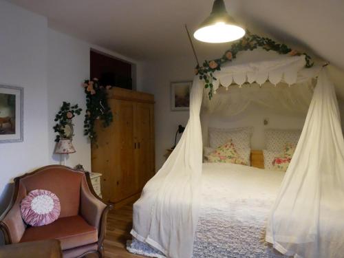 ein Schlafzimmer mit einem Himmelbett und einem Stuhl in der Unterkunft Ferienwohnung Comic Fantasy in Lindau