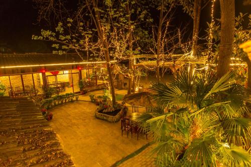 a courtyard with trees and chairs and lights at night at Rural House in Yangshuo