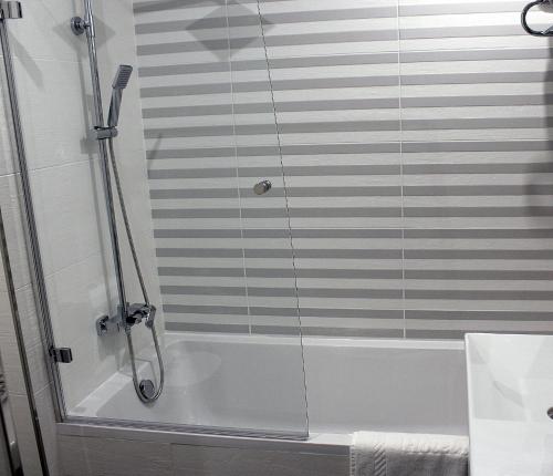a shower with a glass door in a bathroom at Hotel Altiana in Ourense