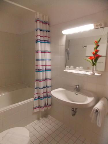 a bathroom with a sink and a shower curtain at Hotel Krone in Bad Münster am Stein-Ebernburg