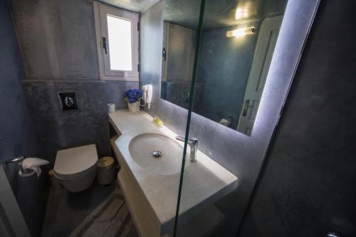 a bathroom with a sink and a toilet and a mirror at Ianthe Apartments & Villa in Oia