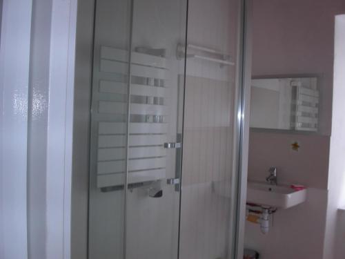 a bathroom with a glass shower and a sink at Gite Deux-Eaux in Saint-Martial