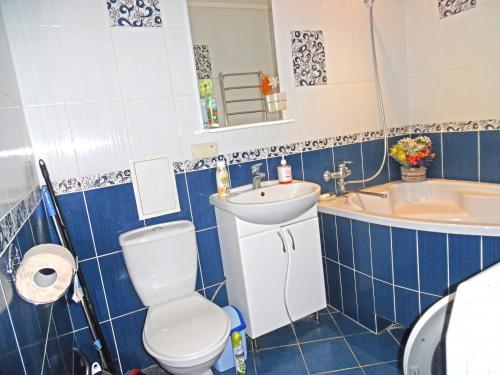 a blue and white bathroom with a toilet and a sink at заречанская 57/1 in Khmelnytskyi