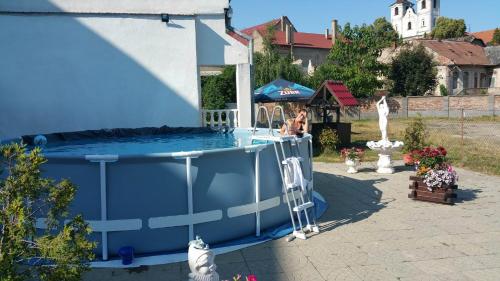 a large blue swimming pool in a yard with a woman at Penzion Gapa in Šahy