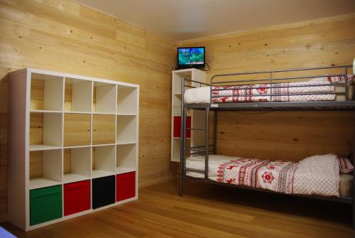 a bunk bed room with two bunk beds and a television at Les Petites Marmottes in Vaujany