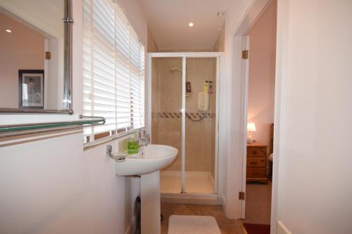 un bagno con lavandino e doccia di Inishclare Cottages a Killadeas