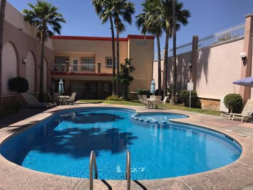 una piscina en el patio de un hotel con palmeras en Hotel Santiago Plaza, en Hermosillo