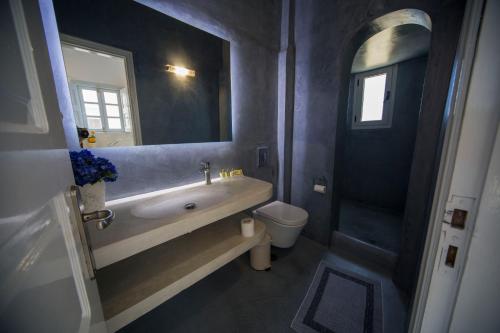 a bathroom with a sink and a toilet and a mirror at Ianthe Apartments & Villa in Oia