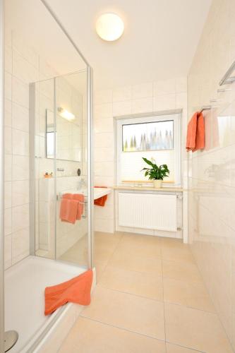 オーベルストドルフにあるFerienwohnungen Immenhofの白いバスルーム(シャワー、窓付)が備わります。