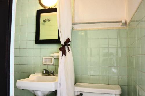 a bathroom with a sink and a shower curtain at Casa Blanca Tequisquiapan in Tequisquiapan