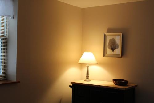 eine Lampe auf einem Tisch in einem Zimmer in der Unterkunft Attractive East Hill Apartment in Ithaca