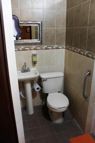 a bathroom with a toilet and a sink at Hotel y Cabañas una Cosita de Zacatlán in Zacatlán