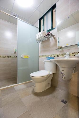 a bathroom with a toilet and a sink and a shower at 春夏秋冬民宿 in Guanshan