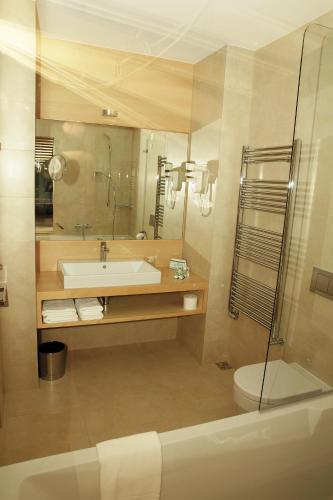 a bathroom with a sink and a shower and a toilet at Špik Alpine Resort in Kranjska Gora