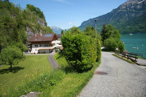 a house on the side of a lake with mountains at Lakeside Apartment in Ringgenberg