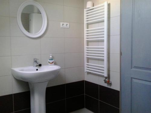 ein Bad mit einem Waschbecken und einem Spiegel in der Unterkunft Kultúrház Apartman in Győr