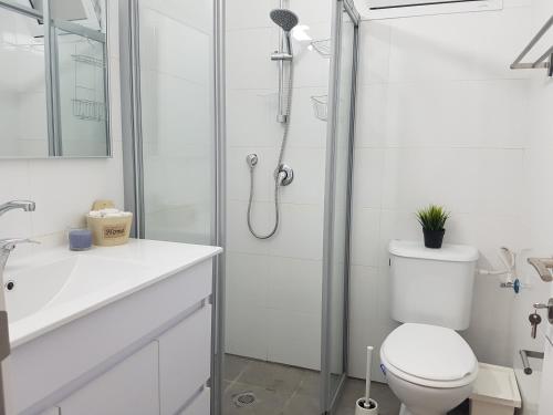 a white bathroom with a shower and a toilet at אבני החושן- Avnei Hoshen in Nahariyya