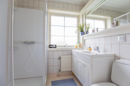 a bathroom with a sink and a shower at Nivagården in Korpikylä