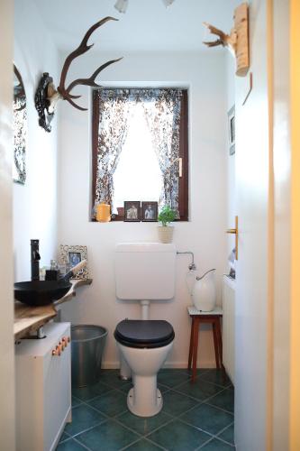 a bathroom with a white toilet and a window at Boutique Appartments AlteGreißlerei in St. Wolfgang