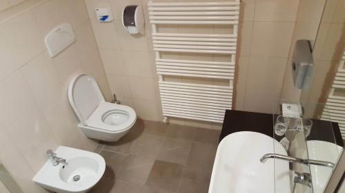 a white bathroom with a toilet and a sink at Apartma Kurji vrh - Chicken top in Kranjska Gora