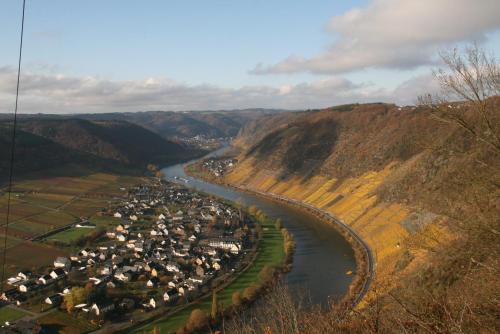 an aerial view of a river and a town at Appartement Familie Ernst in Bruttig-Fankel