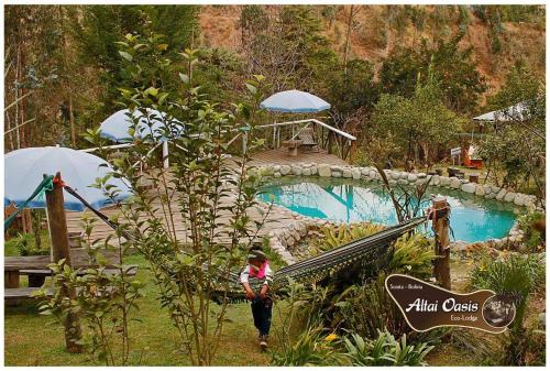 a person walking down a slide by a pool at Altai Oasis Lodge in Sorata