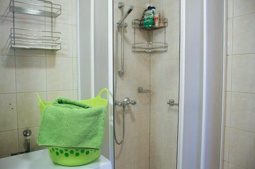 ヘーヴィーズにあるLila Apartmanのバスルーム(トイレの上に緑のバスケット付)