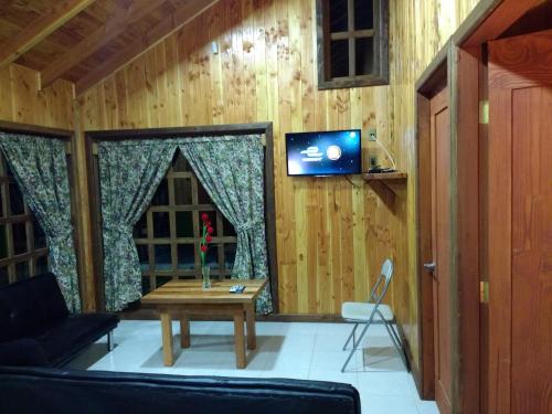 a living room with a table and a tv on a wall at Cabañas Tornagaleones Villarrica in Villarrica